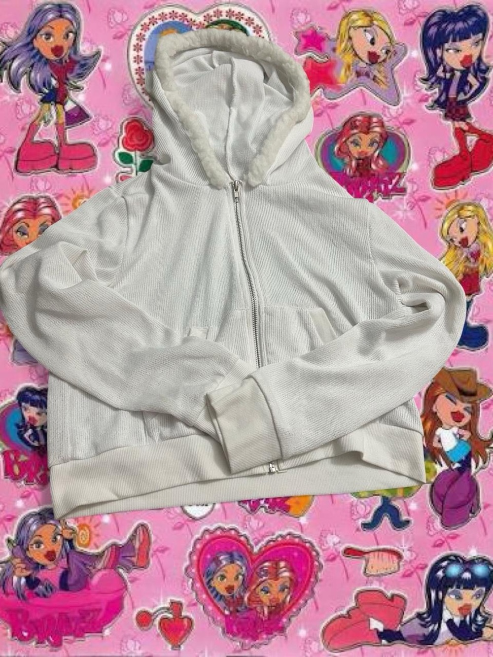 SHEIN White Hooded Zip Jacket with Faux-Fur Trim